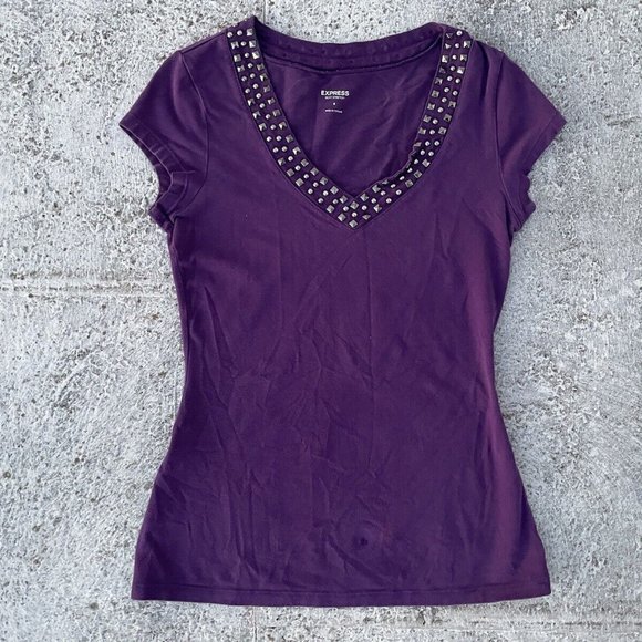 Express Tops - Express Women Top Stud V Neck Sexy Stretch Purple Tee Size S